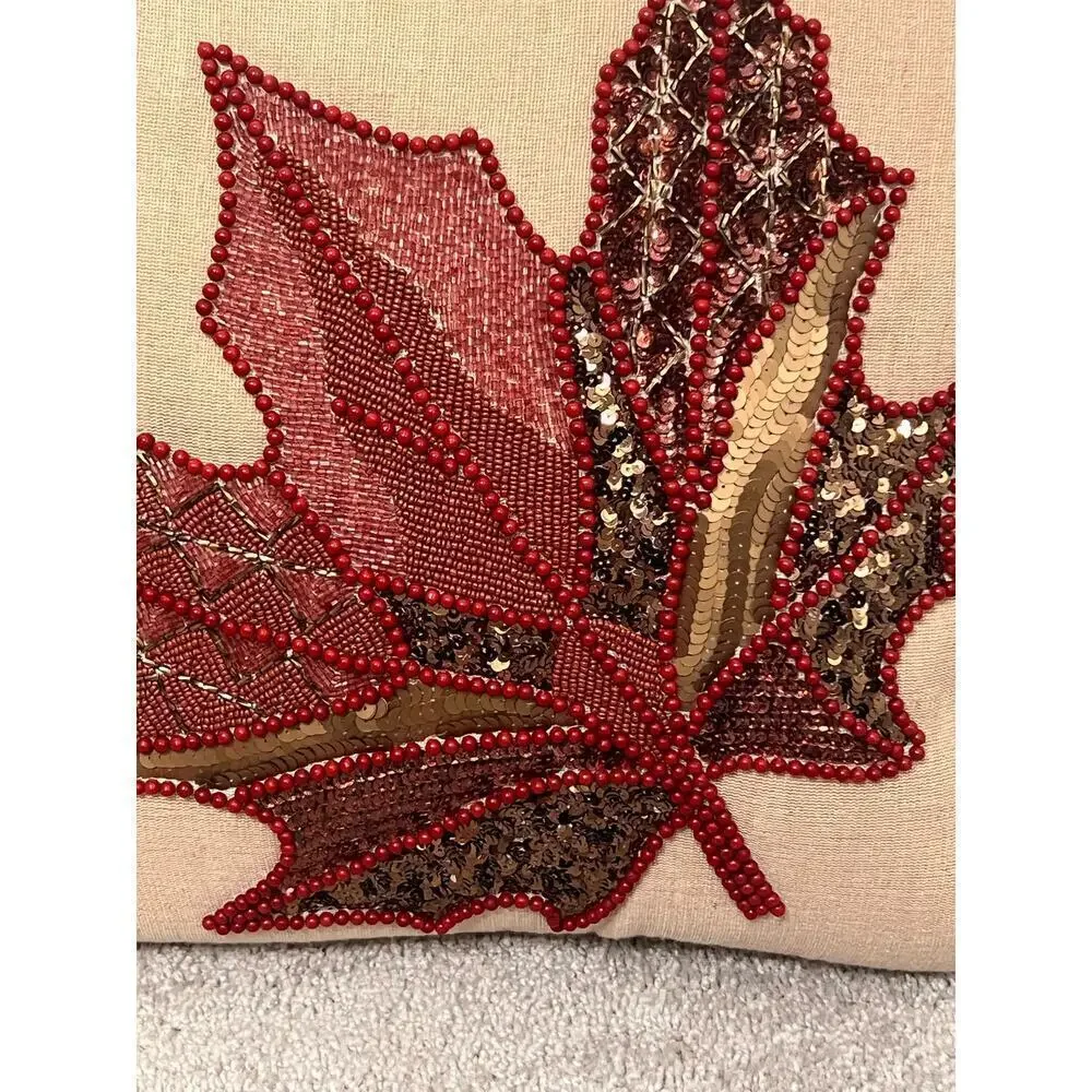 Pier 1 Linen Blend Beaded Sequin Leave Design Pillows 14x14 Set of 2 - Picture 5 of 10